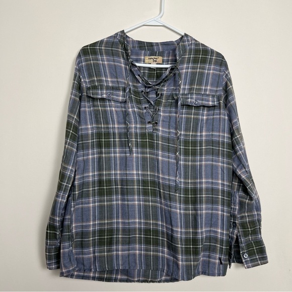 Triple Five Soul Tops - Triple Five Soul blue Plaid Flannel Lace-Up Long Sleeve Top Size L